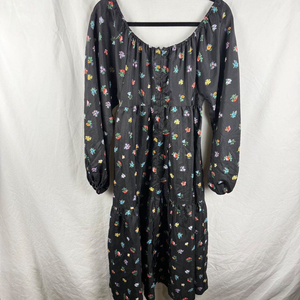 Vintage Black Balloon Sleeve Ditsy Dark‎ Floral Midi Peasant Dress Whimsigoth 12 - Picture 11 of 12